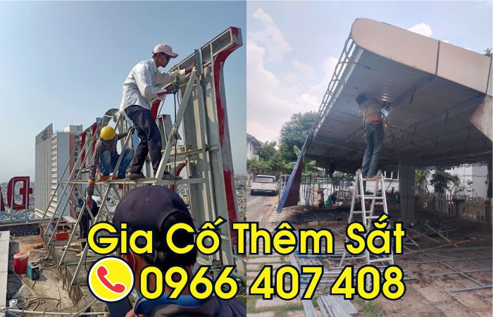 sửa bảng hiệu nhôm alu - gia cố thêm khung xương sắt