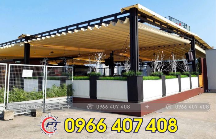 giá thi công mái bạt xếp bạt kéo - cho quán cà phê