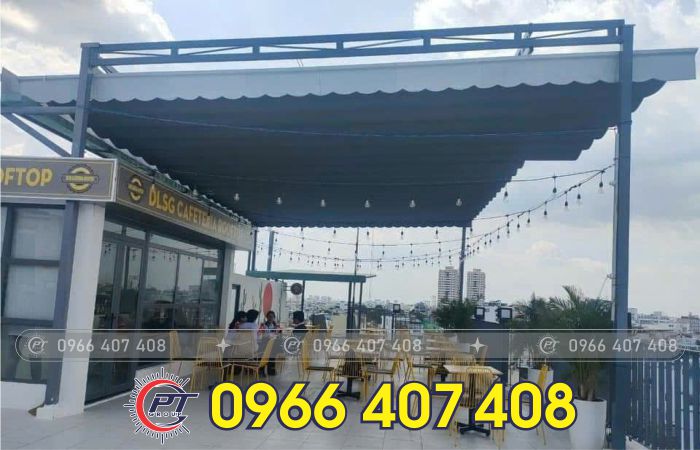 thi công mái bạt xếp bạt kéo di động cho sân thượng - bể bơi